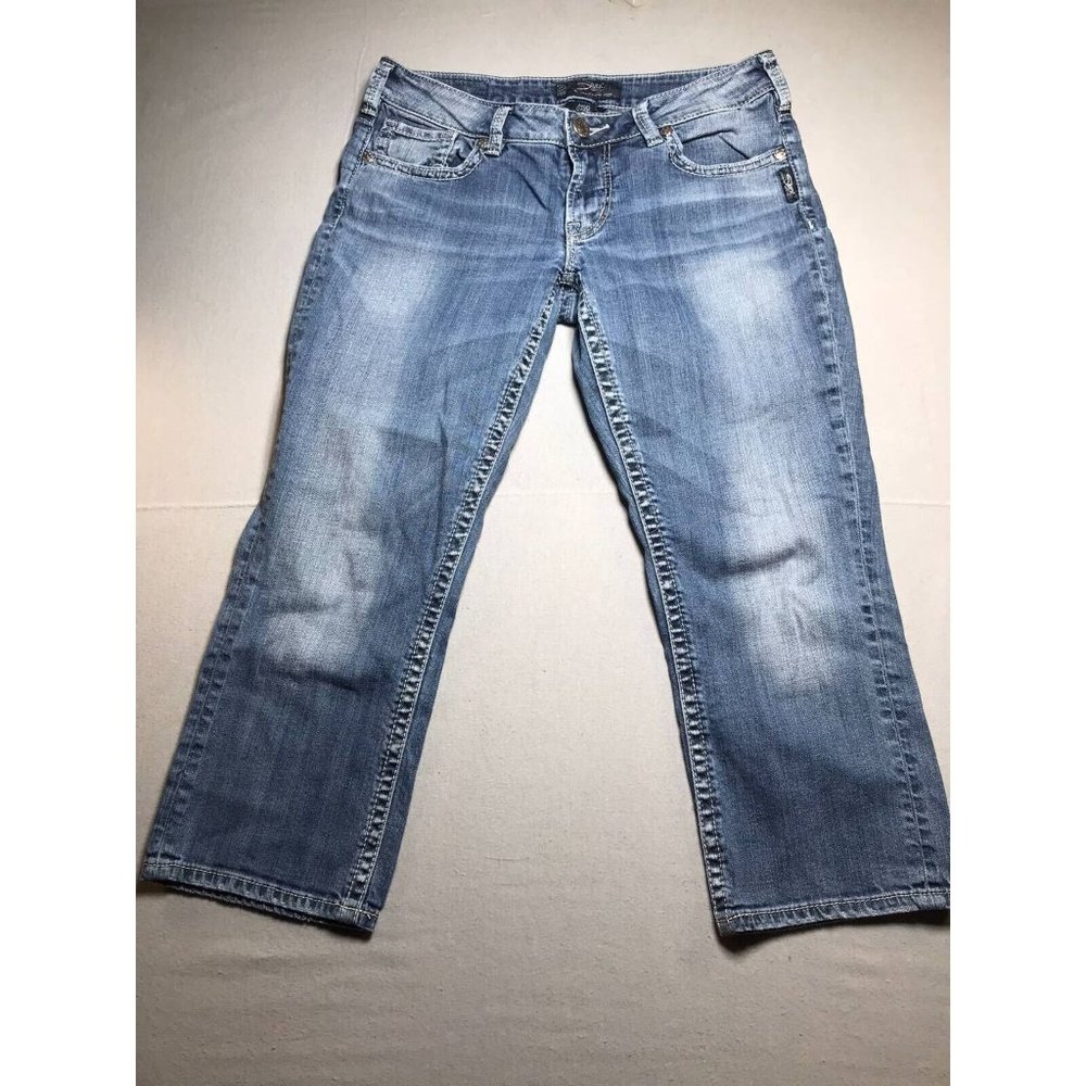 Silver Jean Co Womens Capri Jeans Blue Whiskered Stone Wash Mid Rise Denim 29